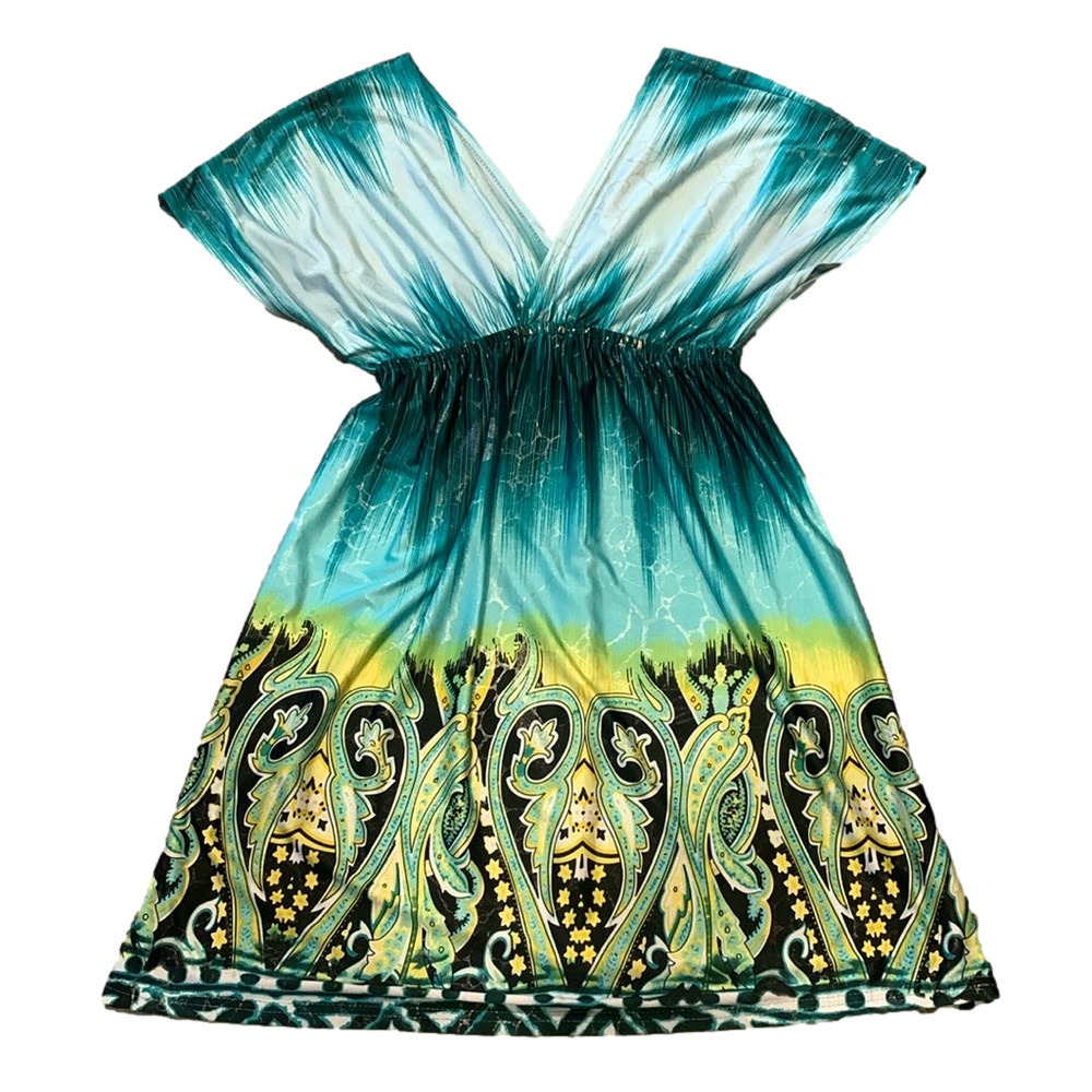 Shoreline Aqua Gold Summer Cover Up Or Dress (One Size Fit Most) On/Off Shoulder